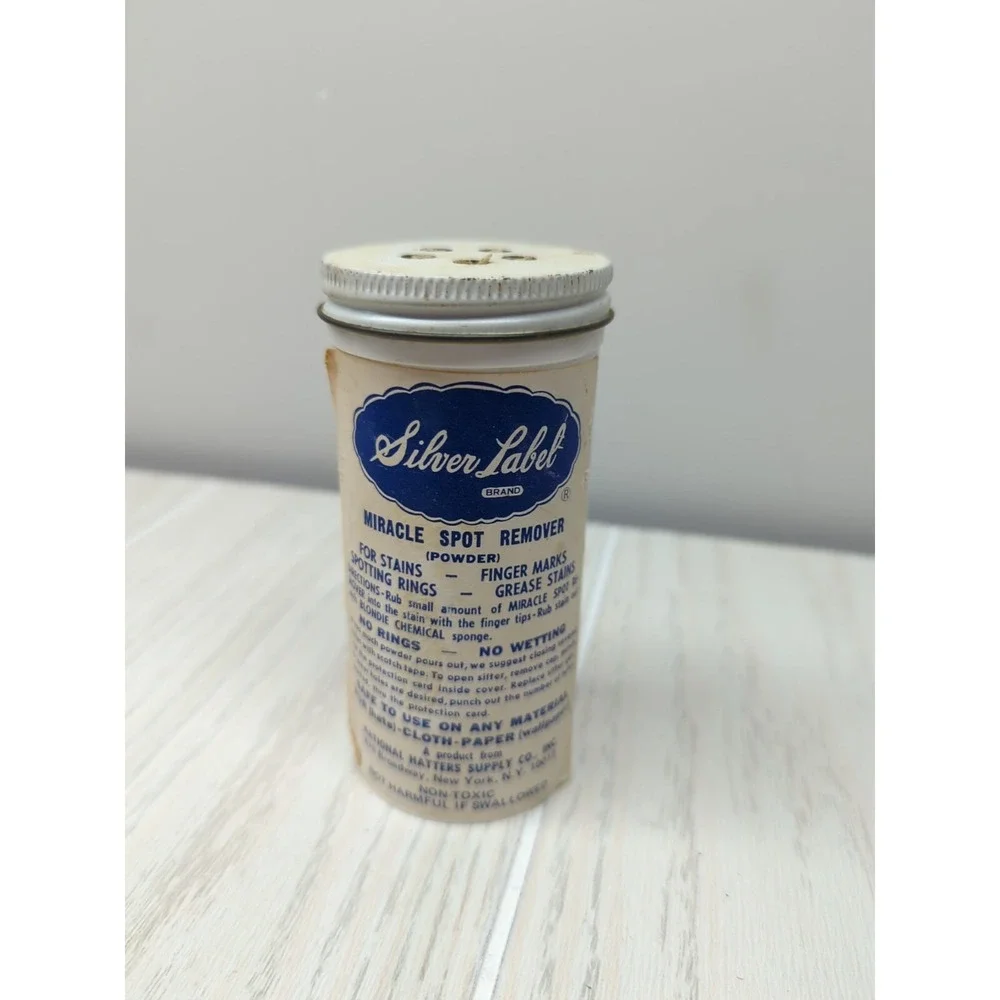 vintage Silver Label miracle hat spot remover powder canister advertising decor